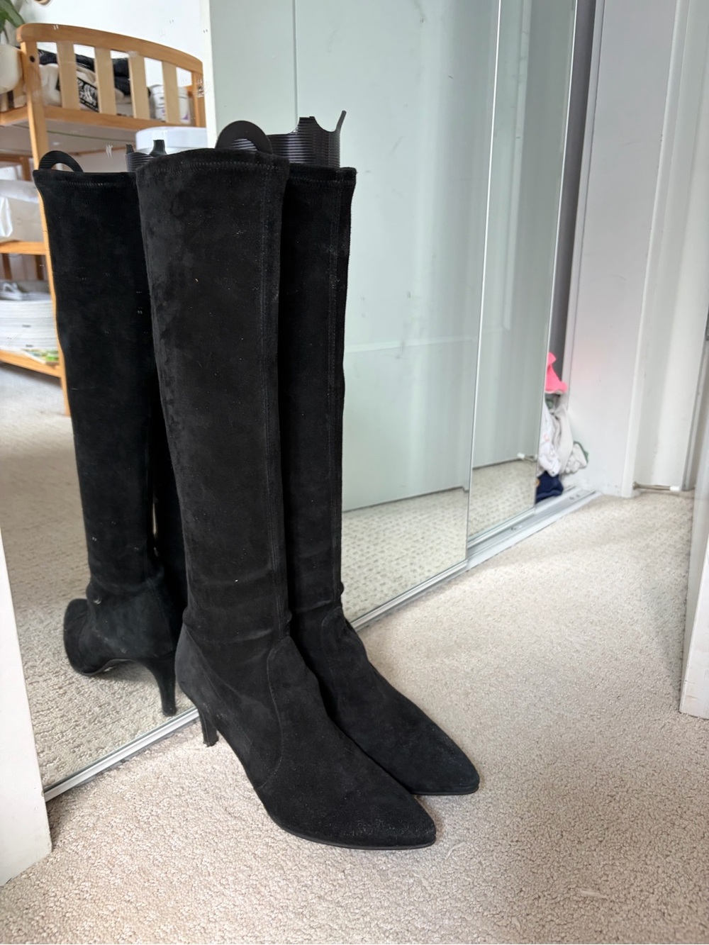 Classic Black Suede Knee-High Pointed Toe Heeled Boots
